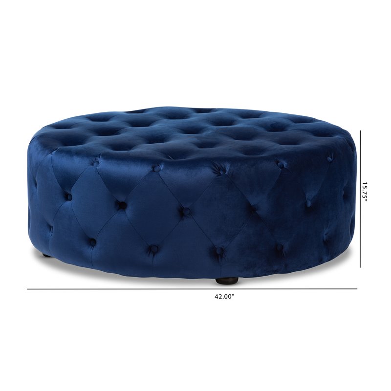Bowery Hill Traditional Royal Blue Velvet Upholstered Tufted Ottoman