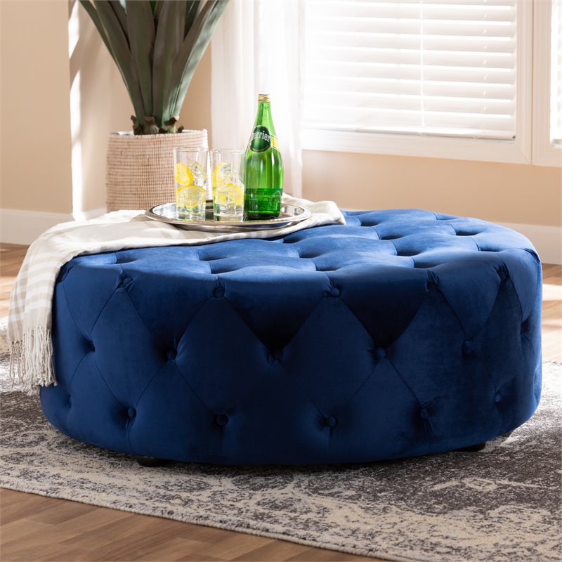 Bowery Hill Traditional Royal Blue Velvet Upholstered Tufted Ottoman