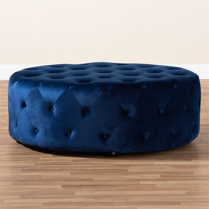 Bowery Hill Traditional Royal Blue Velvet Upholstered Tufted Ottoman