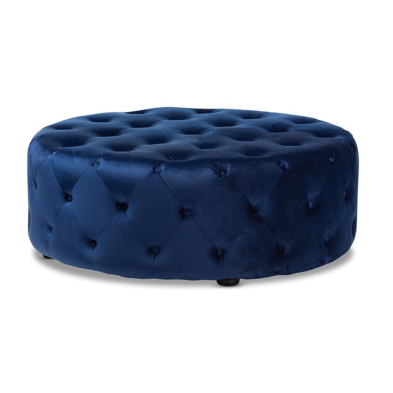 Bowery Hill Traditional Royal Blue Velvet Upholstered Tufted Ottoman