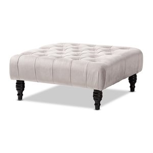 Bowery Hill Grey Velvet Upholstered Button Tufted Ottoman