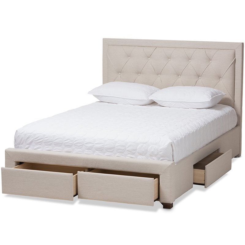 Bowery Hill Tufted King Storage Platform Bed in Light Beige