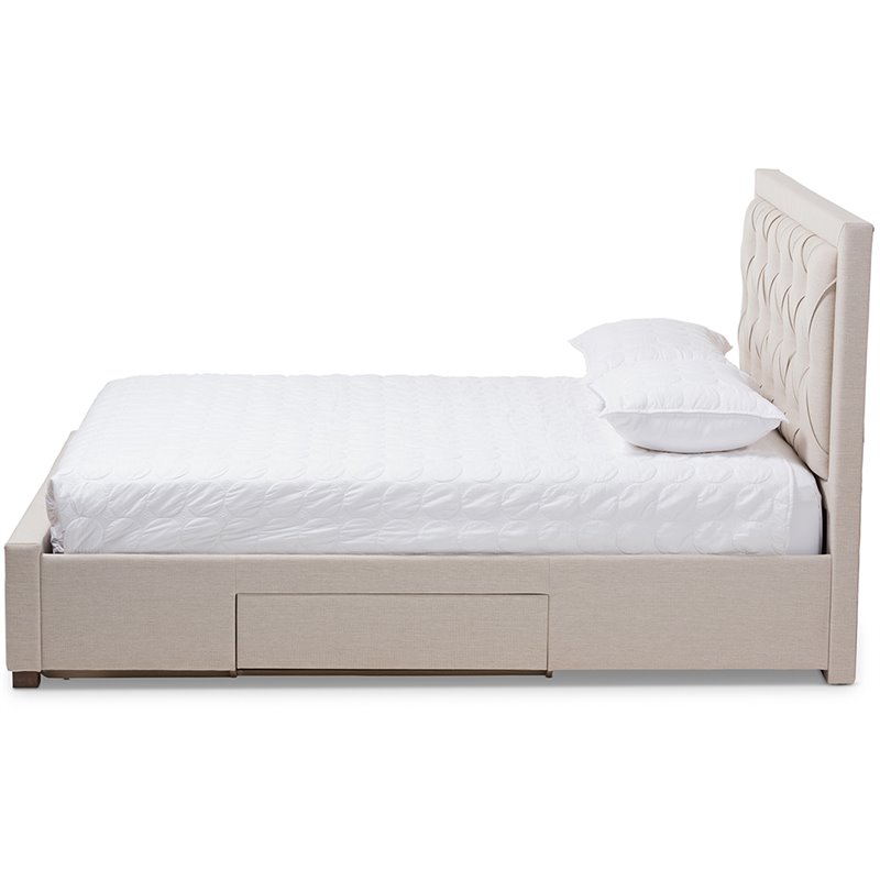 Bowery Hill Tufted King Storage Platform Bed in Light Beige