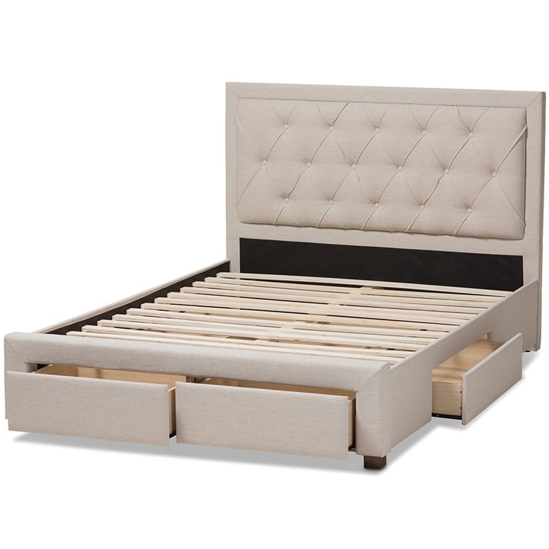 Bowery Hill Tufted King Storage Platform Bed in Light Beige