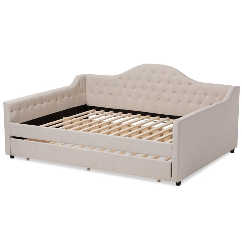 Bowery Hill Fabric Tufted Queen Daybed with Trundle in Light Beige
