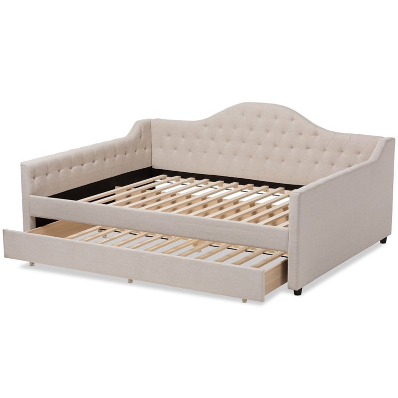 Bowery Hill Fabric Tufted Queen Daybed with Trundle in Light Beige