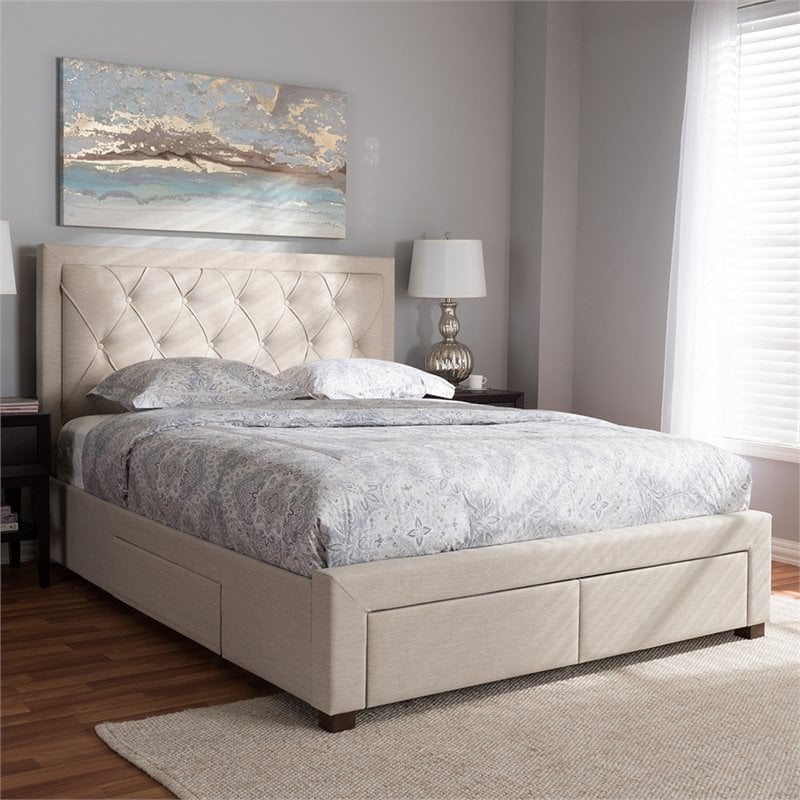Bowery Hill Tufted Queen Storage Platform Bed in Light Beige