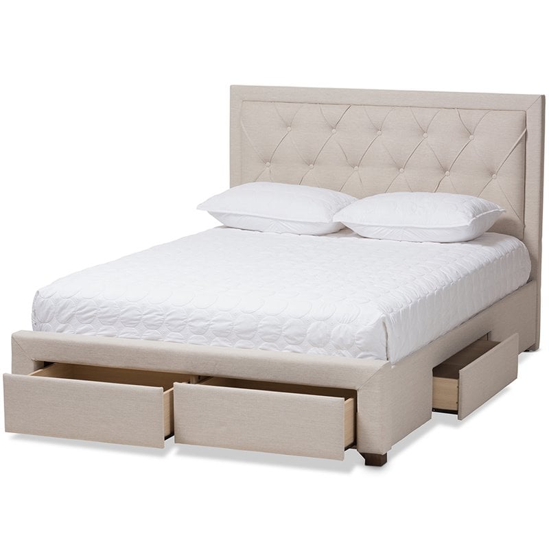 Bowery Hill Tufted Queen Storage Platform Bed in Light Beige