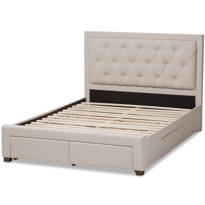 Bowery Hill Tufted Queen Storage Platform Bed in Light Beige
