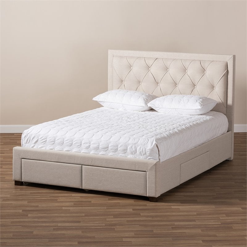Bowery Hill Tufted Queen Storage Platform Bed in Light Beige