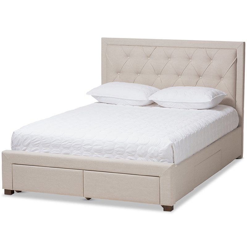 Bowery Hill Tufted Queen Storage Platform Bed in Light Beige