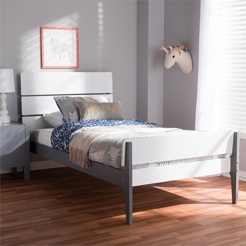 Bowery Hill Twin Slat Platform Bed in White and Gray