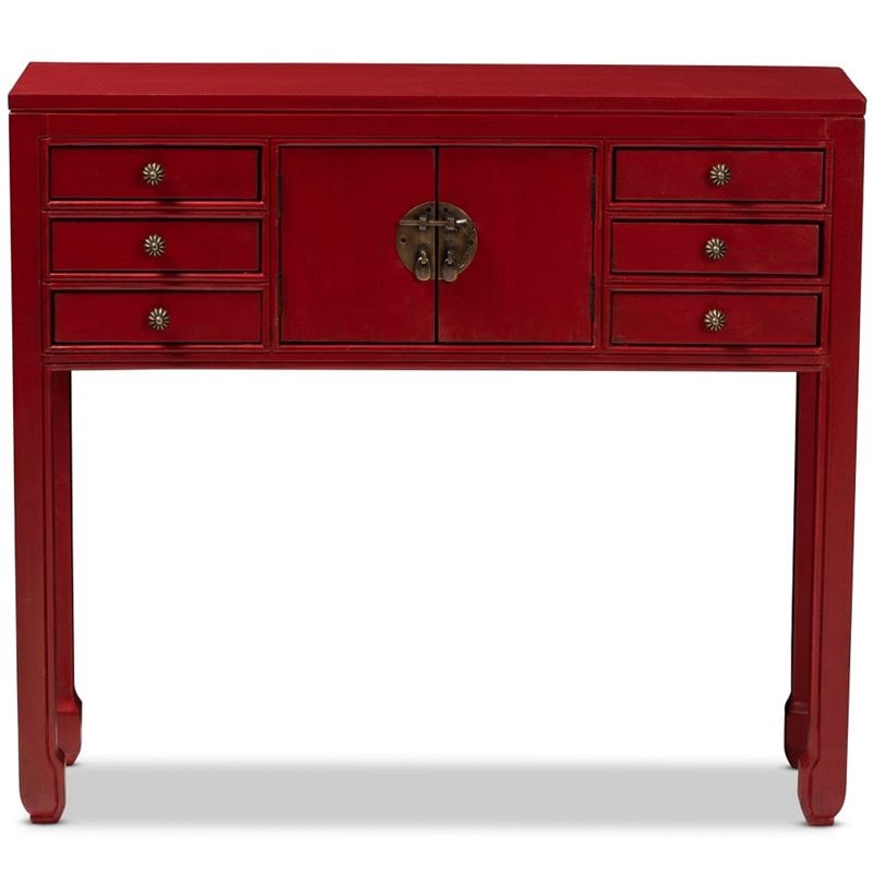 Bowery Hill 6 Drawer Console Table in Red and Bronze