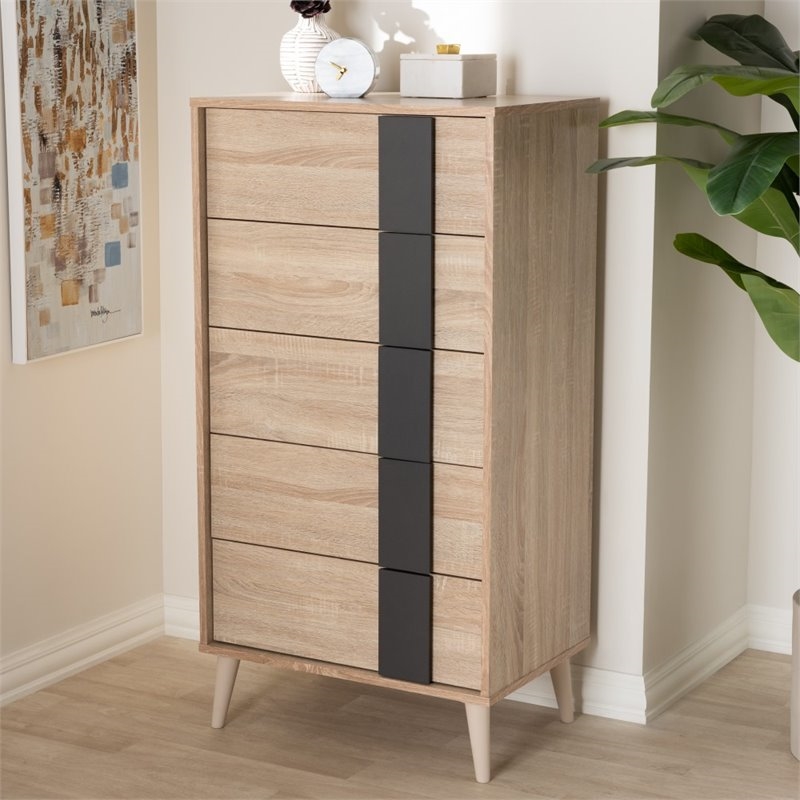 Bowery Hill Modern 5-Drawer Engineered Wood Chest in Light Oak Brown
