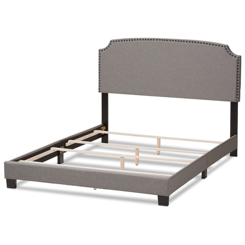 Bowery Hill Nailhead Upholstered Full Bed in Light Grey