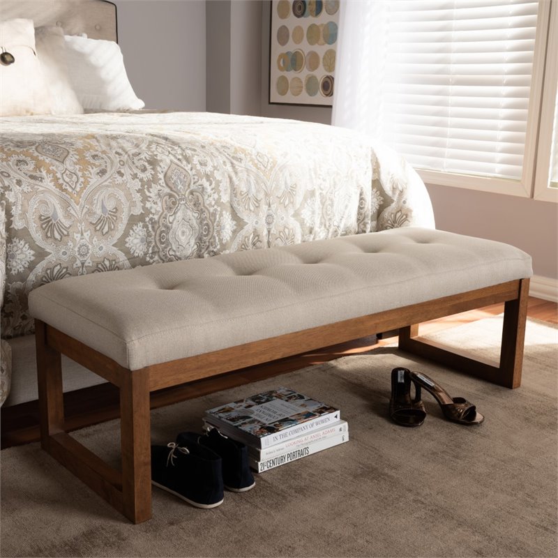 Bowery Hill Tufted Bench in Light Beige and Walnut Brown