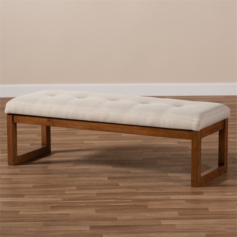 Bowery Hill Tufted Bench in Light Beige and Walnut Brown