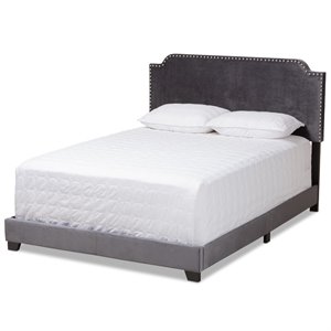 Bowery Hill Velvet Nailhead Upholstered Full Bed in Grey