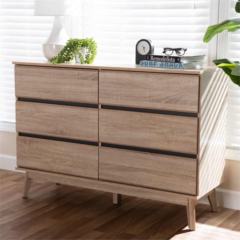Bowery Hill 6 Drawer Modern Dresser in Light Oak and Dark Grey
