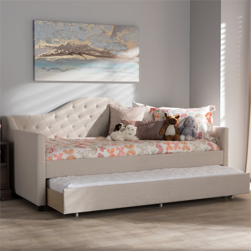 Bowery Hill Fabric Daybed with Trundle in Light Beige