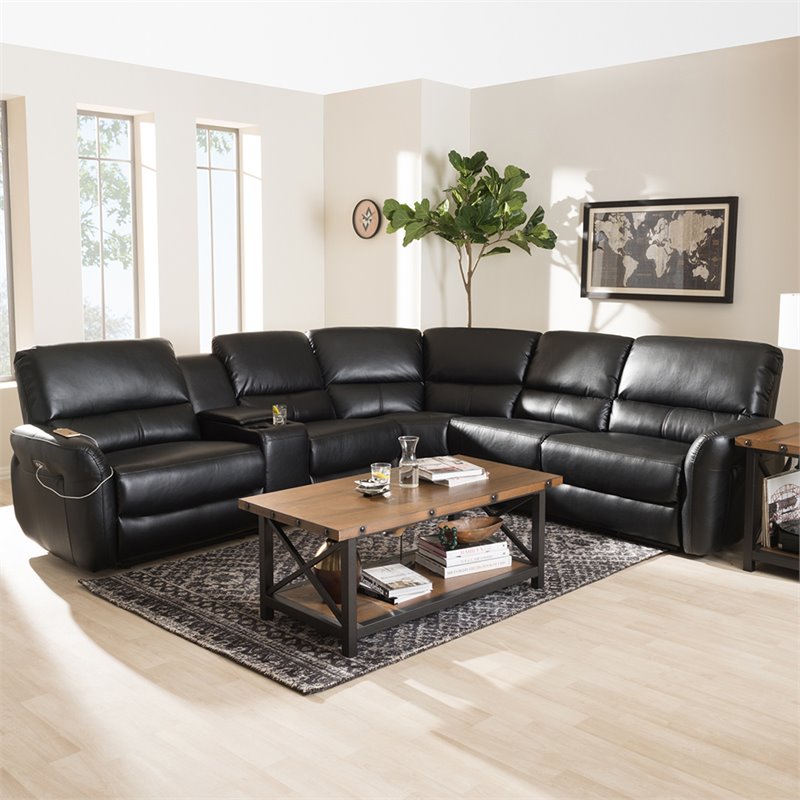 Bowery Hill Modern 5 Piece Leather Reclining Sectional in Black