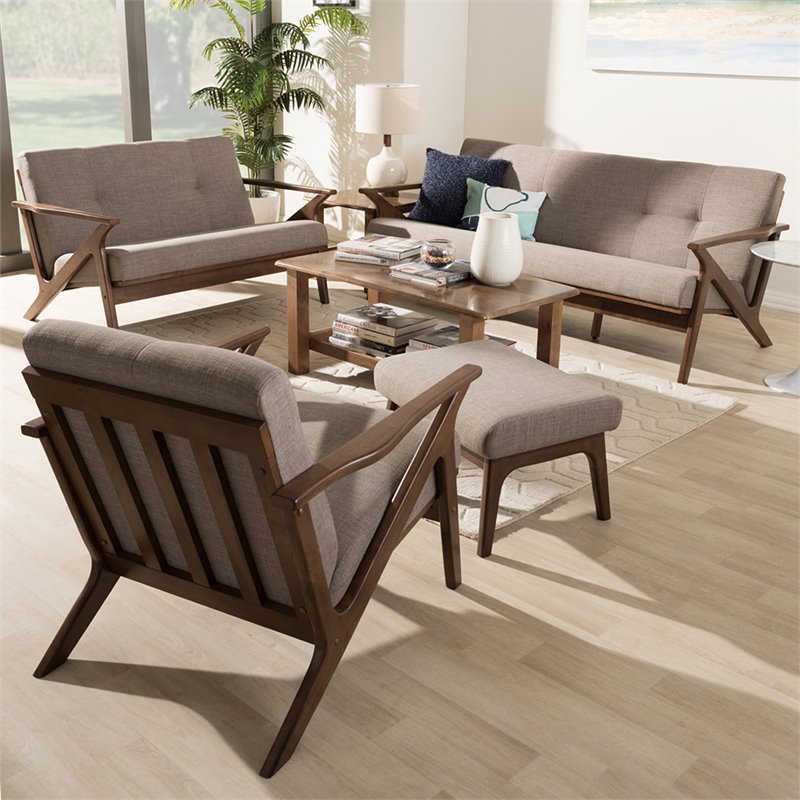 Bowery Hill 4 Piece Tufted Sofa Set in Gray and Walnut Brown