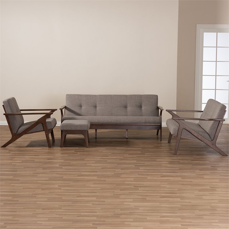 Bowery Hill 4 Piece Tufted Sofa Set in Gray and Walnut Brown