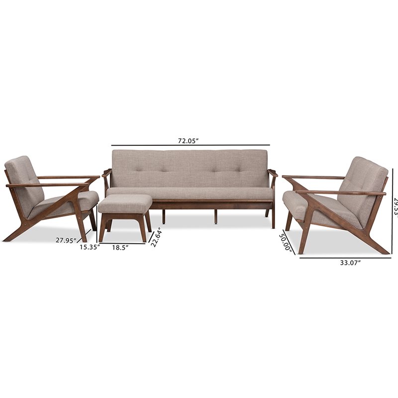 Bowery Hill 4 Piece Tufted Sofa Set in Gray and Walnut Brown