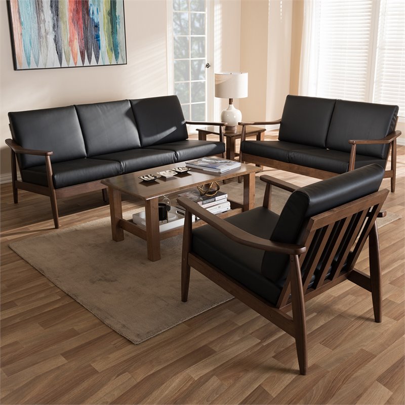 Bowery Hill 3 Piece Wood Upholstered Sofa Set in Black and Brown