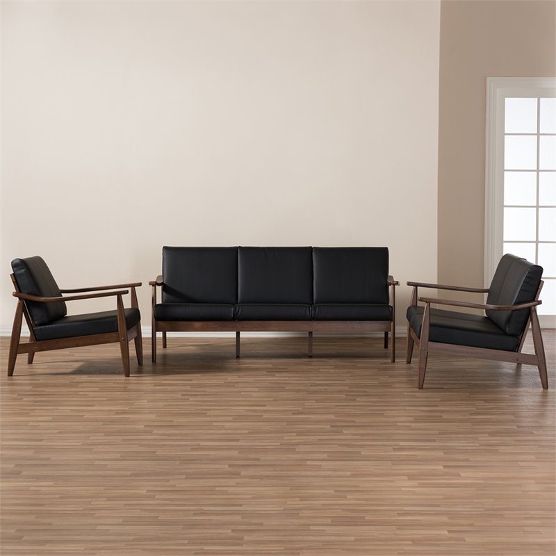 Bowery Hill 3 Piece Wood Upholstered Sofa Set in Black and Brown