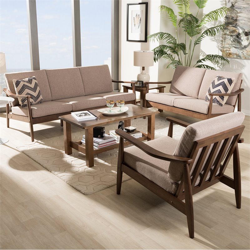 Bowery Hill 3 Piece Tufted Sofa Set in Brown and Walnut Brown