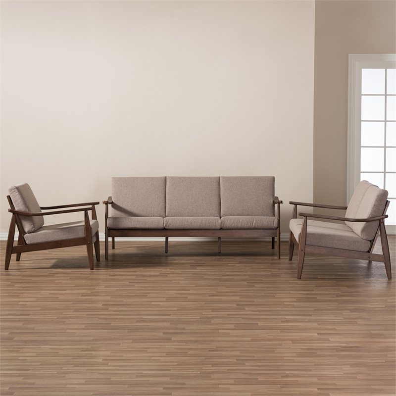 Bowery Hill 3 Piece Tufted Sofa Set in Brown and Walnut Brown