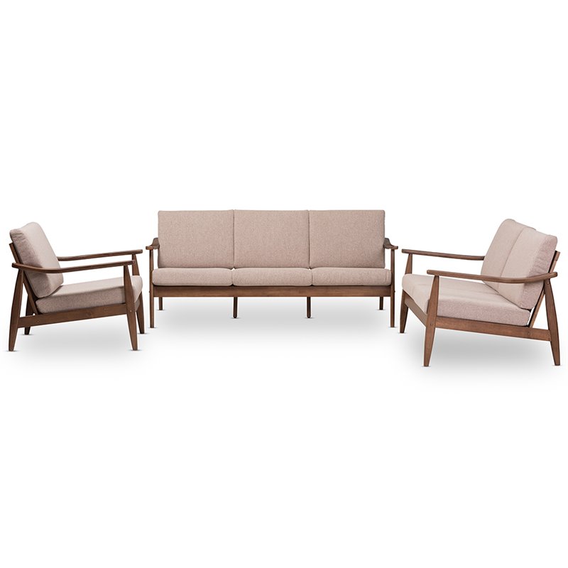 Bowery Hill 3 Piece Tufted Sofa Set in Brown and Walnut Brown
