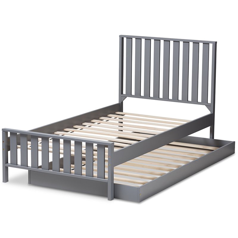 Bowery Hill Modern Twin Spindle Platform Bed with Trundle in Gray