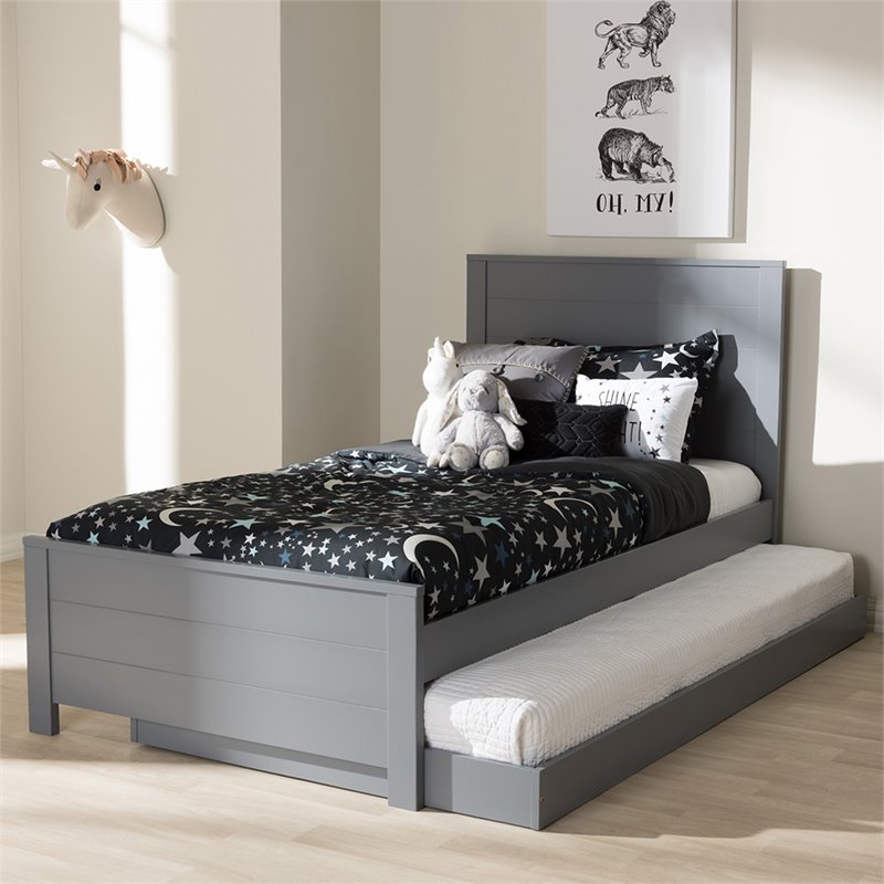 Bowery Hill Modern Twin Platform Panel Bed with Trundle in Gray