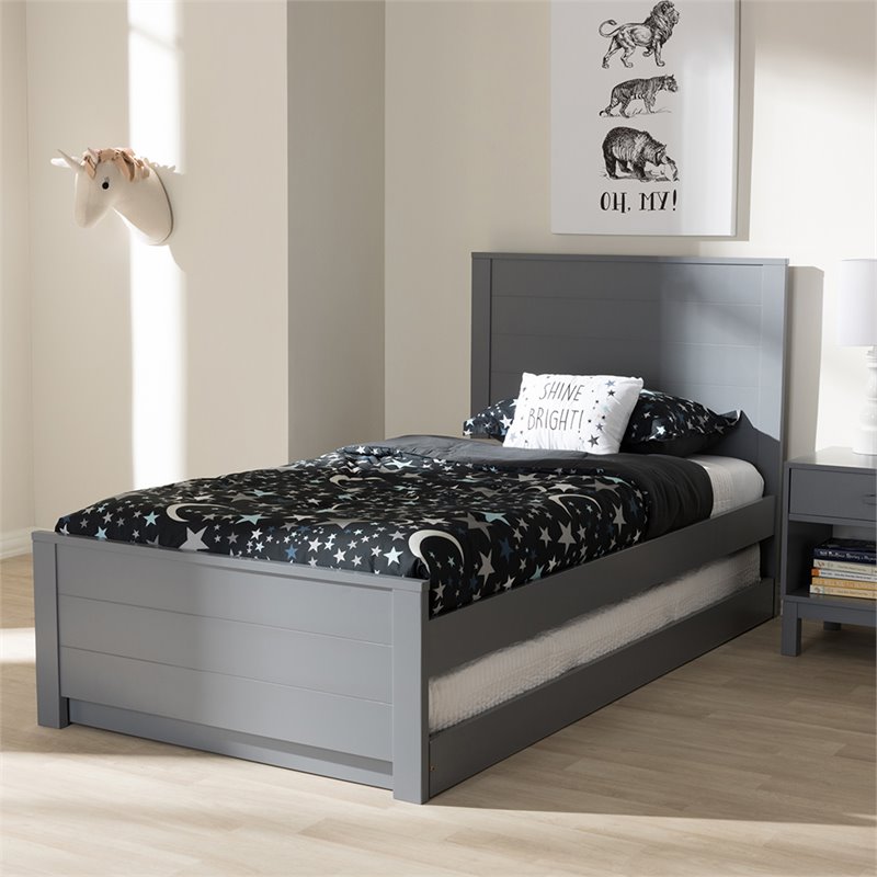 Bowery Hill Modern Twin Platform Panel Bed with Trundle in Gray