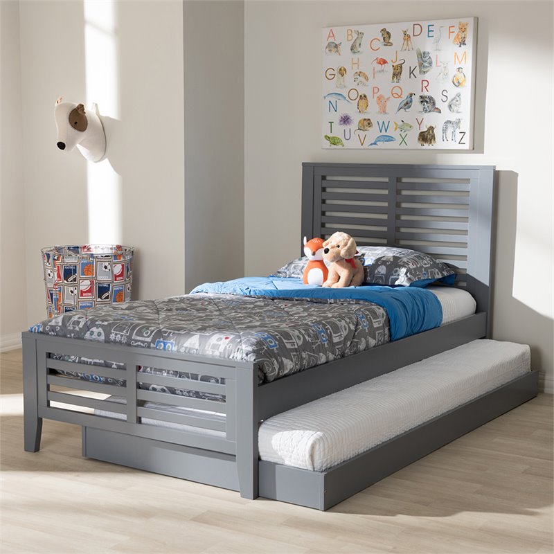 Bowery Hill Modern Twin Slat Platform Bed with Trundle in Gray
