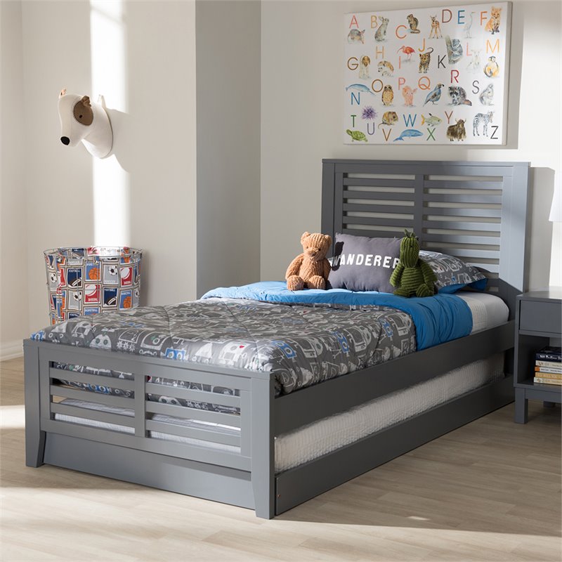 Bowery Hill Modern Twin Slat Platform Bed with Trundle in Gray