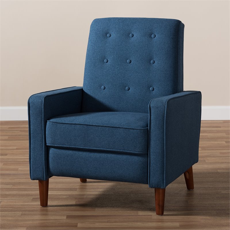 Bowery Hill Tufted Recliner in Blue and Walnut