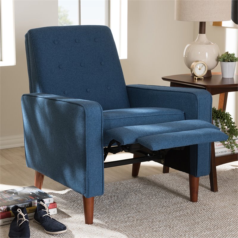 Bowery Hill Tufted Recliner in Blue and Walnut
