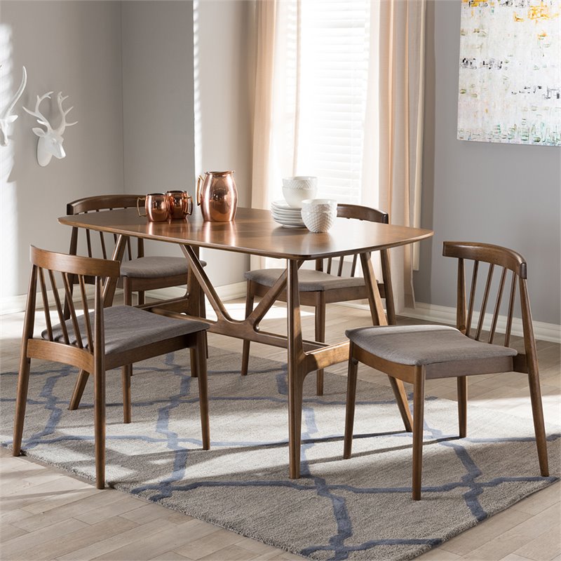 Bowery Hill Mid Century 5 Piece Dining Set in Beige and Walnut Brown