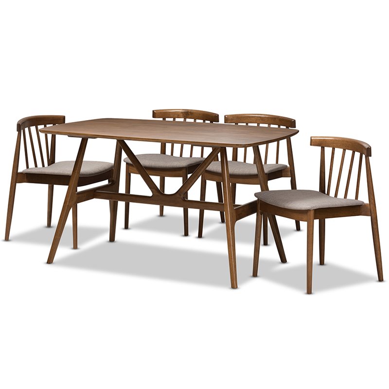 Bowery Hill Mid Century 5 Piece Dining Set in Beige and Walnut Brown