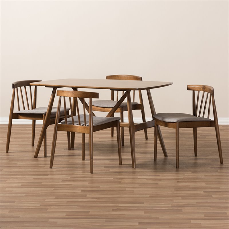 Bowery Hill Mid Century 5 Piece Dining Set in Beige and Walnut Brown