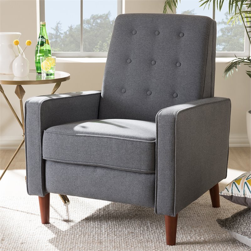 Bowery Hill Mid-Century Fabric Tufted Recliner in Gray/Walnut