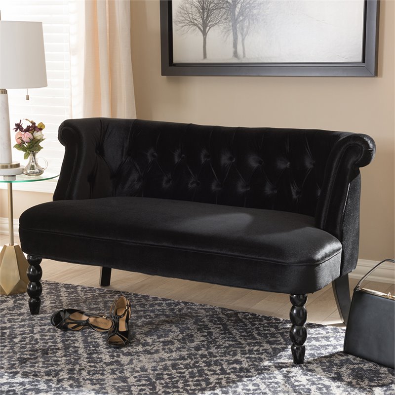 Bowery Hill Contemporary Velvet Tufted Loveseat in Black