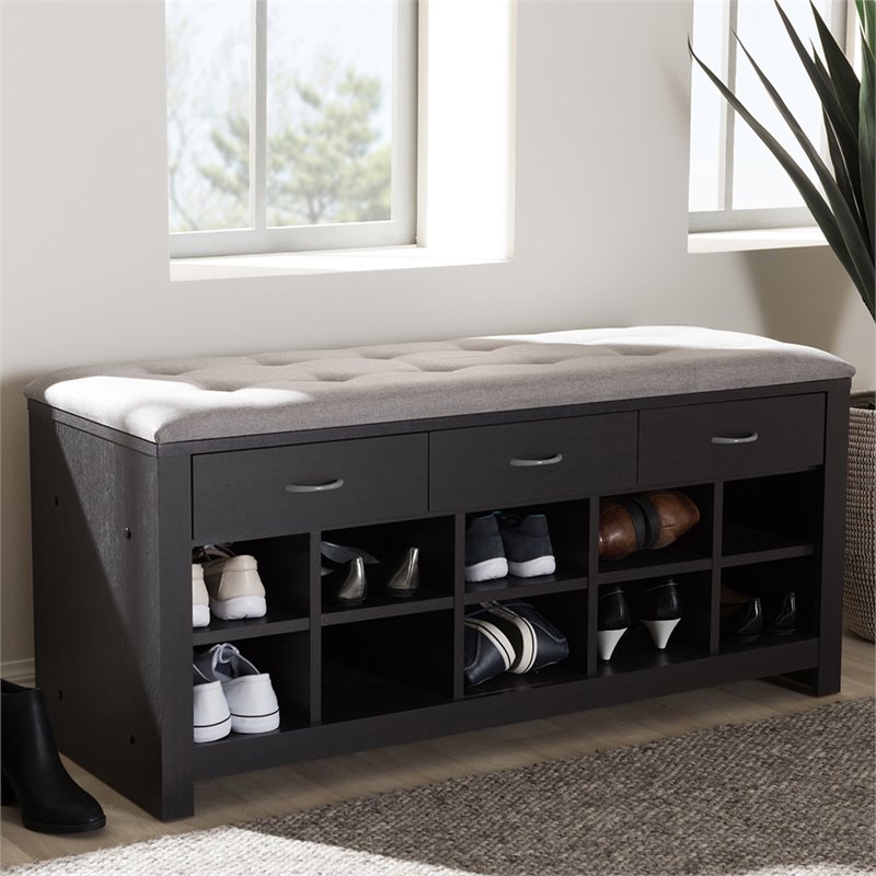 Bowery Hill 10 Cubby Upholstered Shoe Storage Bench in Gray