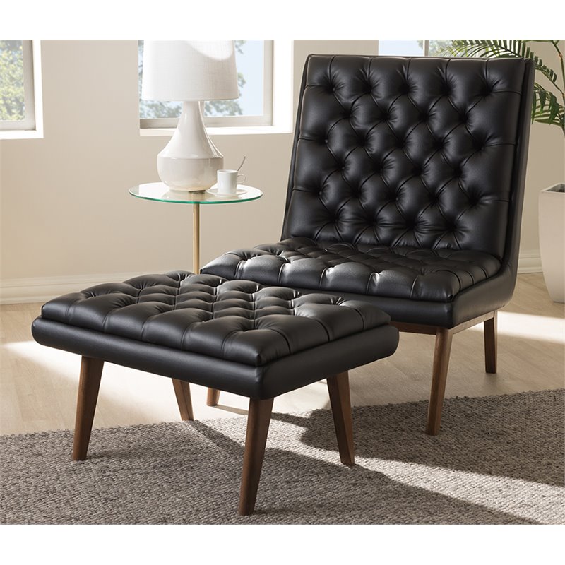 Bowery Hill Mid Century Tufted Faux Leather Accent Chair and Ottoman Set
