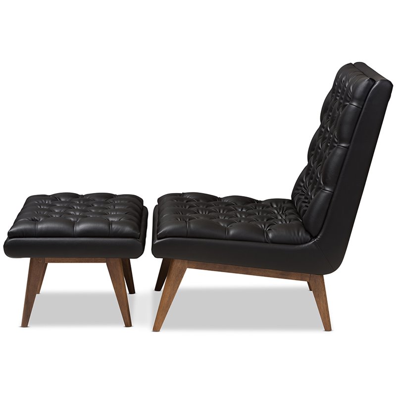 Bowery Hill Mid Century Tufted Faux Leather Accent Chair and Ottoman Set