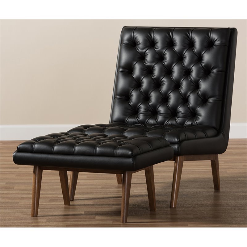 Bowery Hill Mid Century Tufted Faux Leather Accent Chair and Ottoman Set