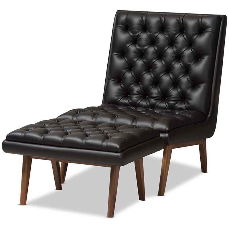 Bowery Hill Mid Century Tufted Faux Leather Accent Chair and Ottoman Set